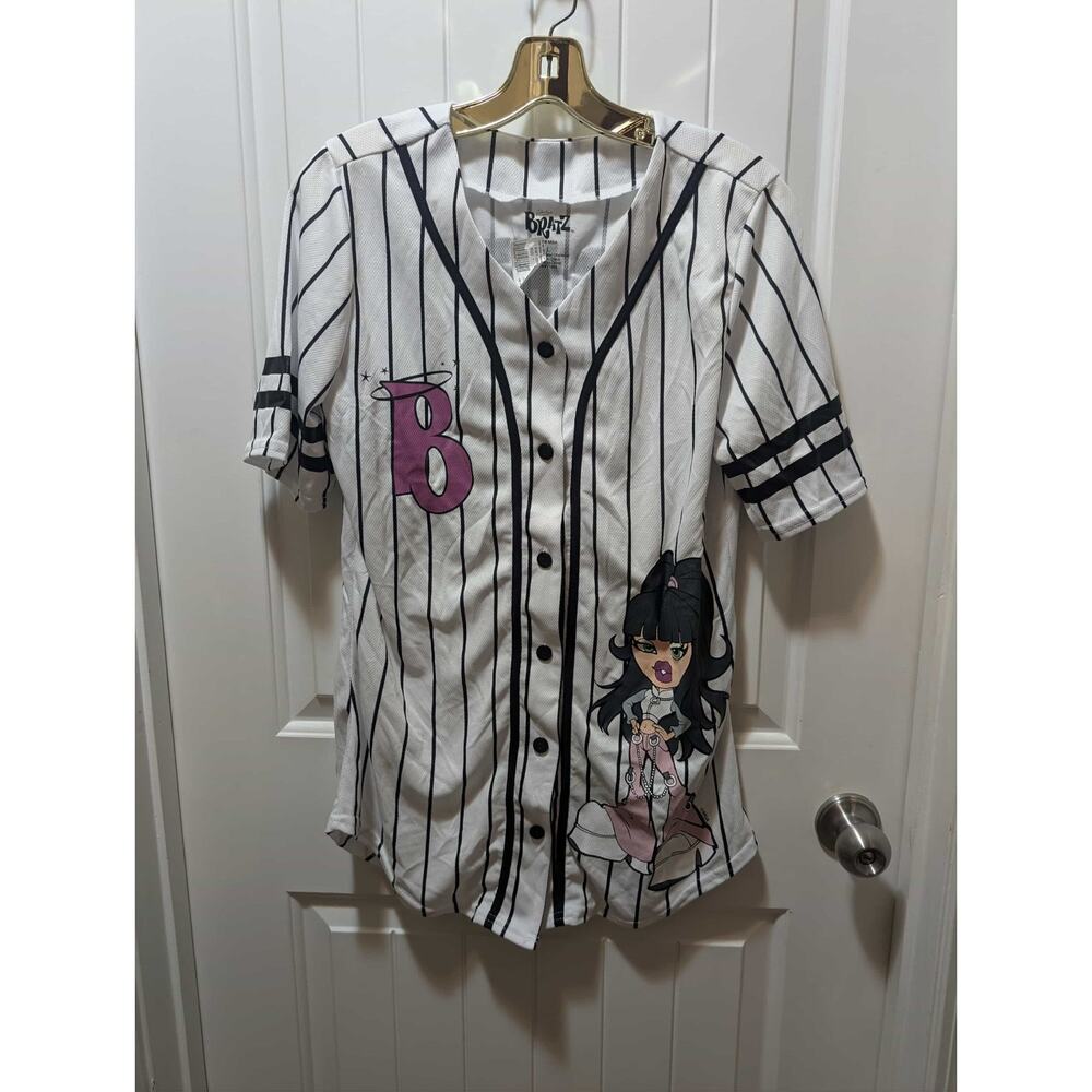 NEW! Bratz Dolls Juniors Baseball Jersey Top Short Sleeves Size L Pink Black
